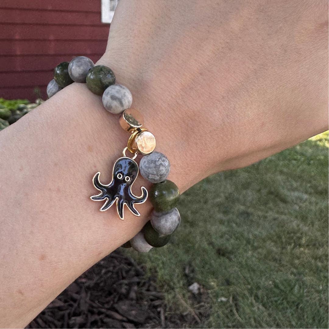 Serpentine & Aventurine Beaded Gemstone Bracelet w/ Squid Charm