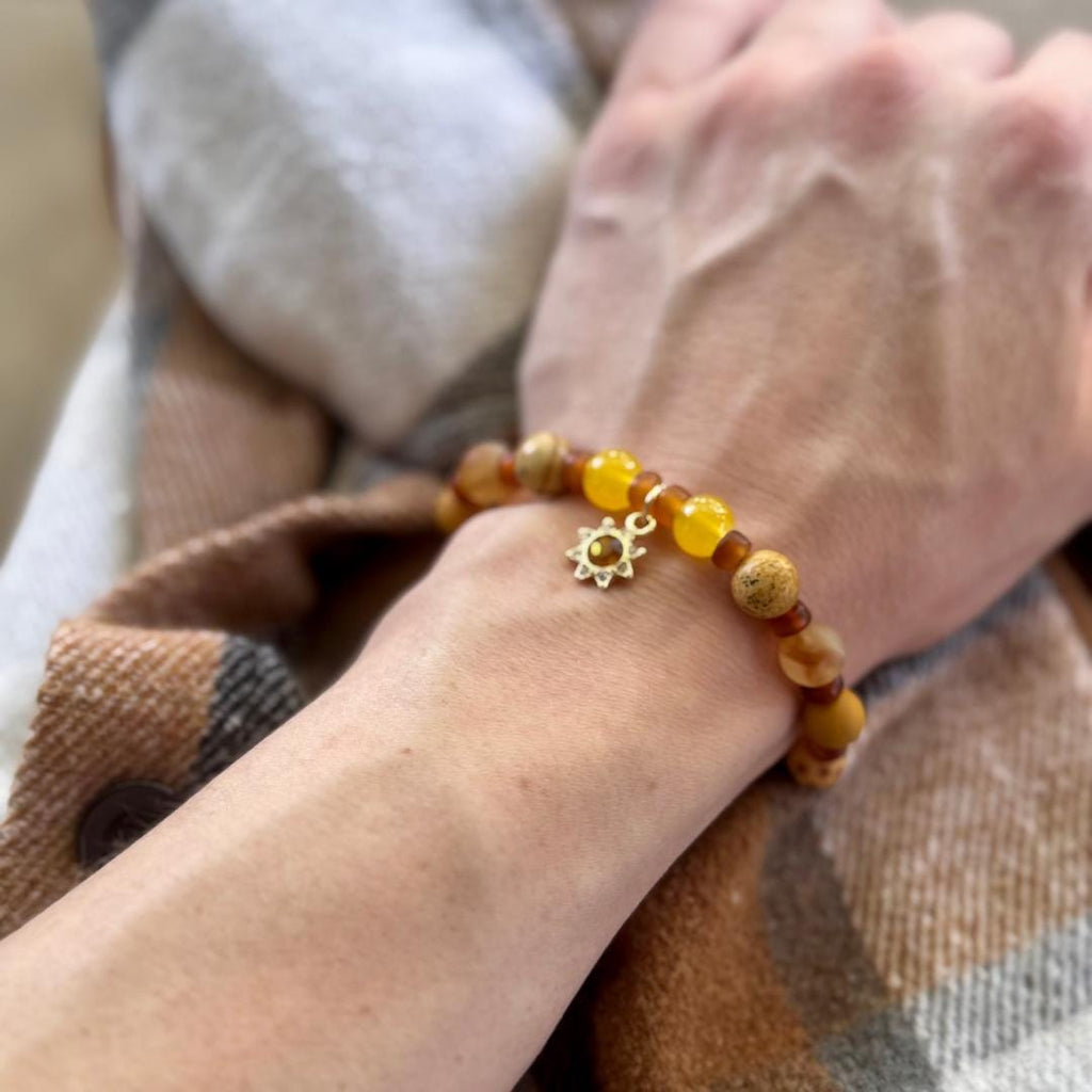 Citrine, Picture Jasper & Australian Mookaite Beaded Gemstone Bracelet with Sun Charm