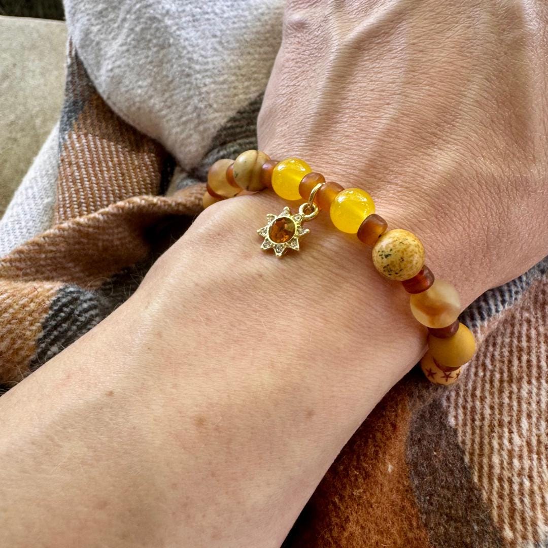 Citrine, Picture Jasper & Australian Mookaite Beaded Gemstone Bracelet with Sun Charm