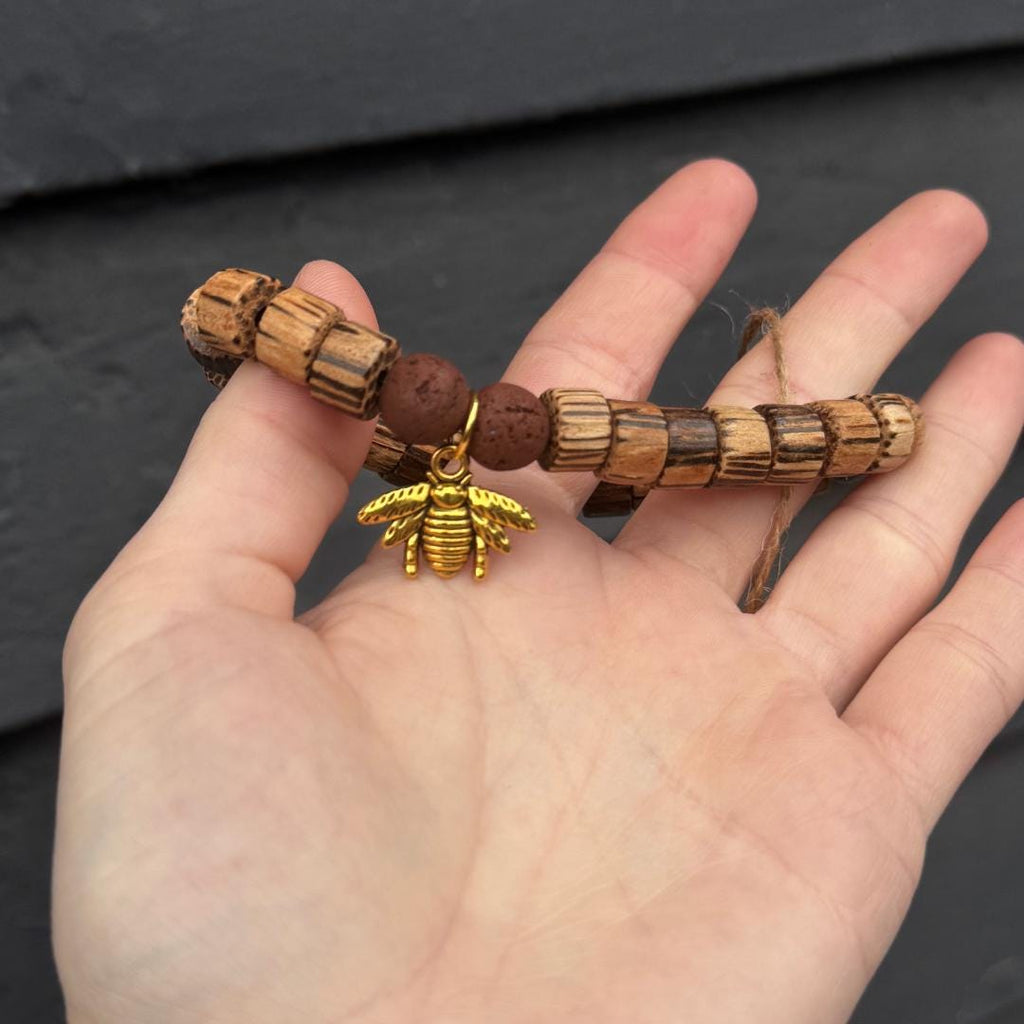 Lava Rock Bee Charm Beaded Gemstone + Patikan Wood Bracelet