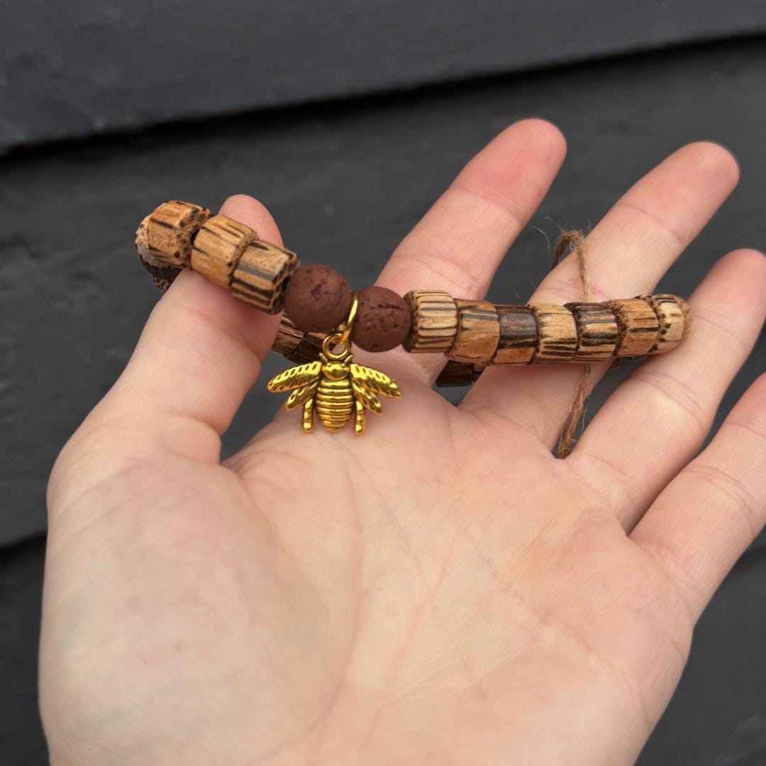 Lava Rock Bee Charm Beaded Gemstone + Patikan Wood Bracelet