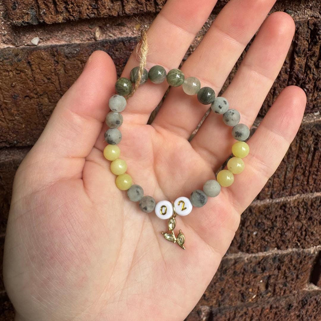 Kiwi Jasper, Seaweed Quartz & Jade Beaded Gemstone Bracelet with Leaf Charm