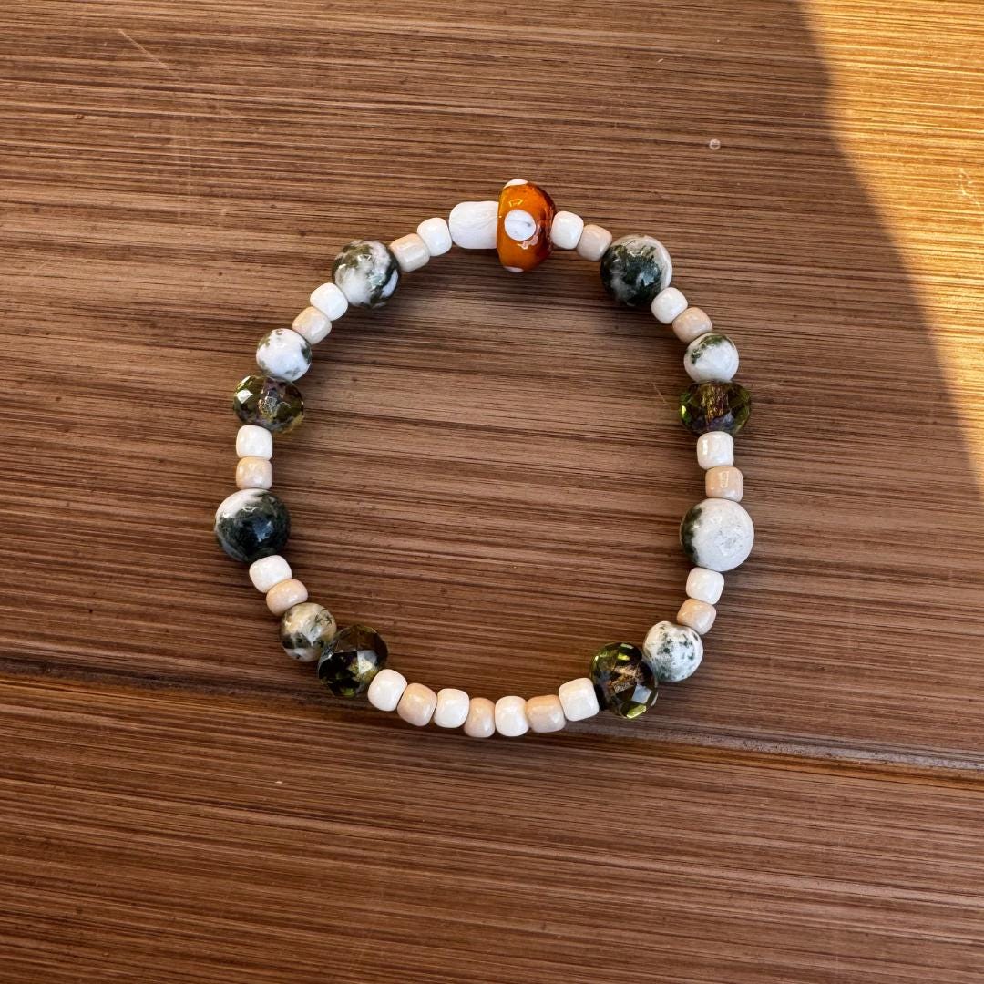 Mushroom Charm Tree Agate Beaded Gemstone Bracelet | 6.75 in.