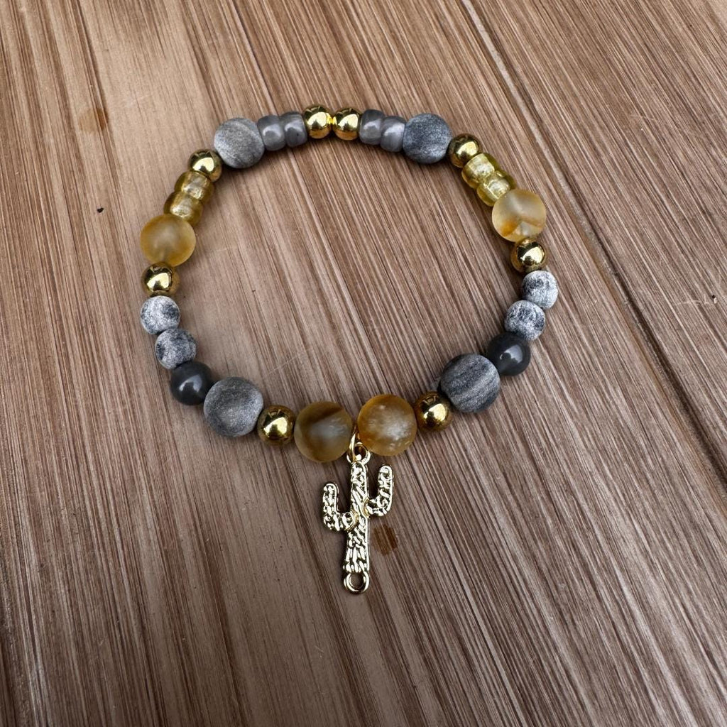 Citrine, Cappuccino Jasper & Cloudy Quartz Beaded Gemstone Bracelet with Cactus Charm