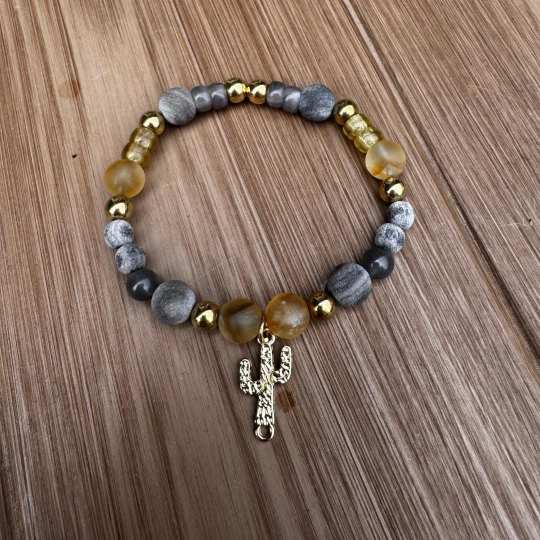 Citrine, Cappuccino Jasper & Cloudy Quartz Beaded Gemstone Bracelet with Cactus Charm