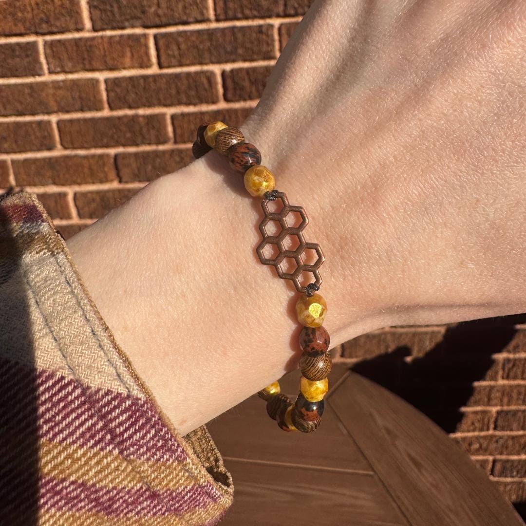 Jasper Beaded Gemstone Bracelet with Honeycomb Charm