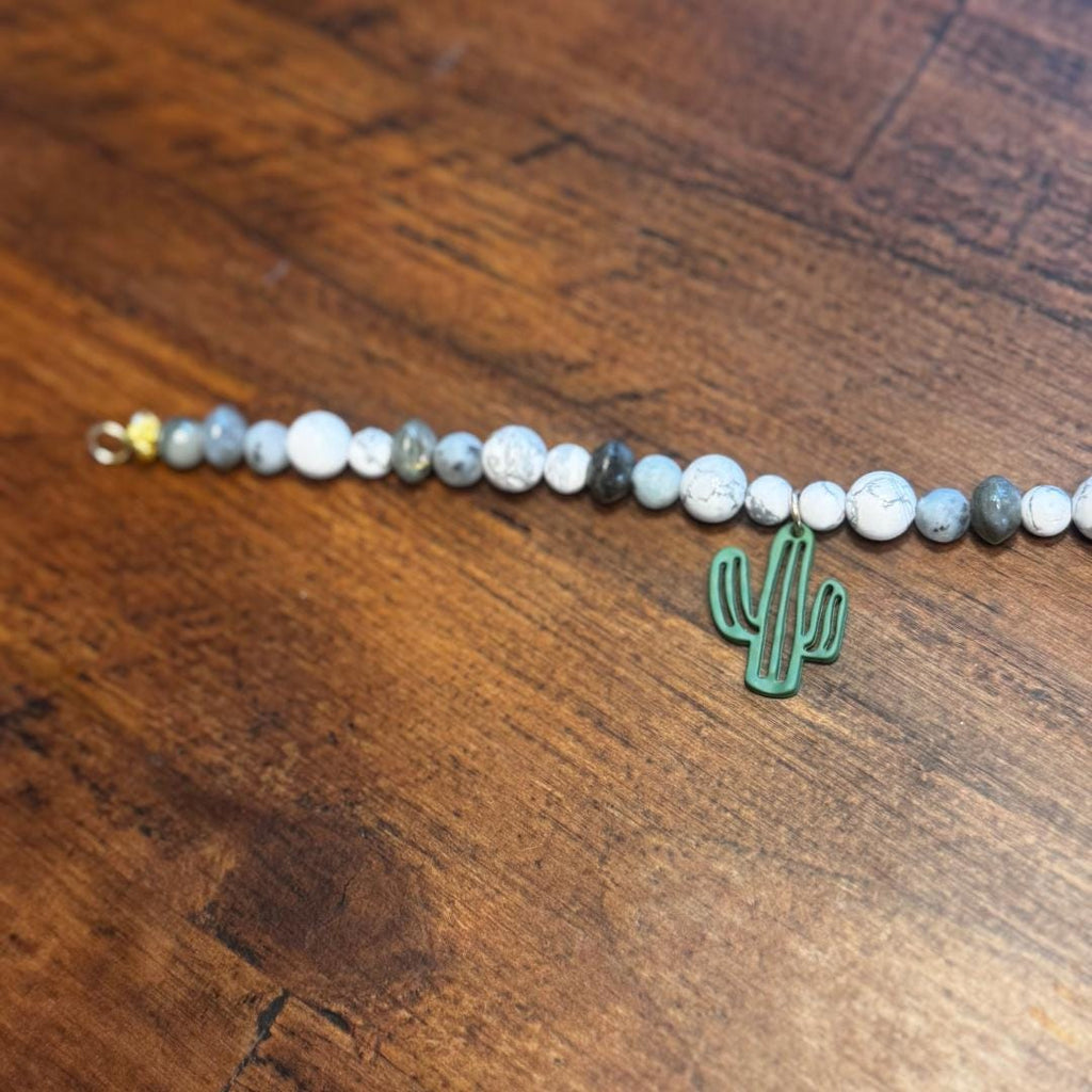 Howlite, Kiwi Jasper, Labradorite & Seaweed Quartz Beaded Gemstone Bracelet with Cactus Charm