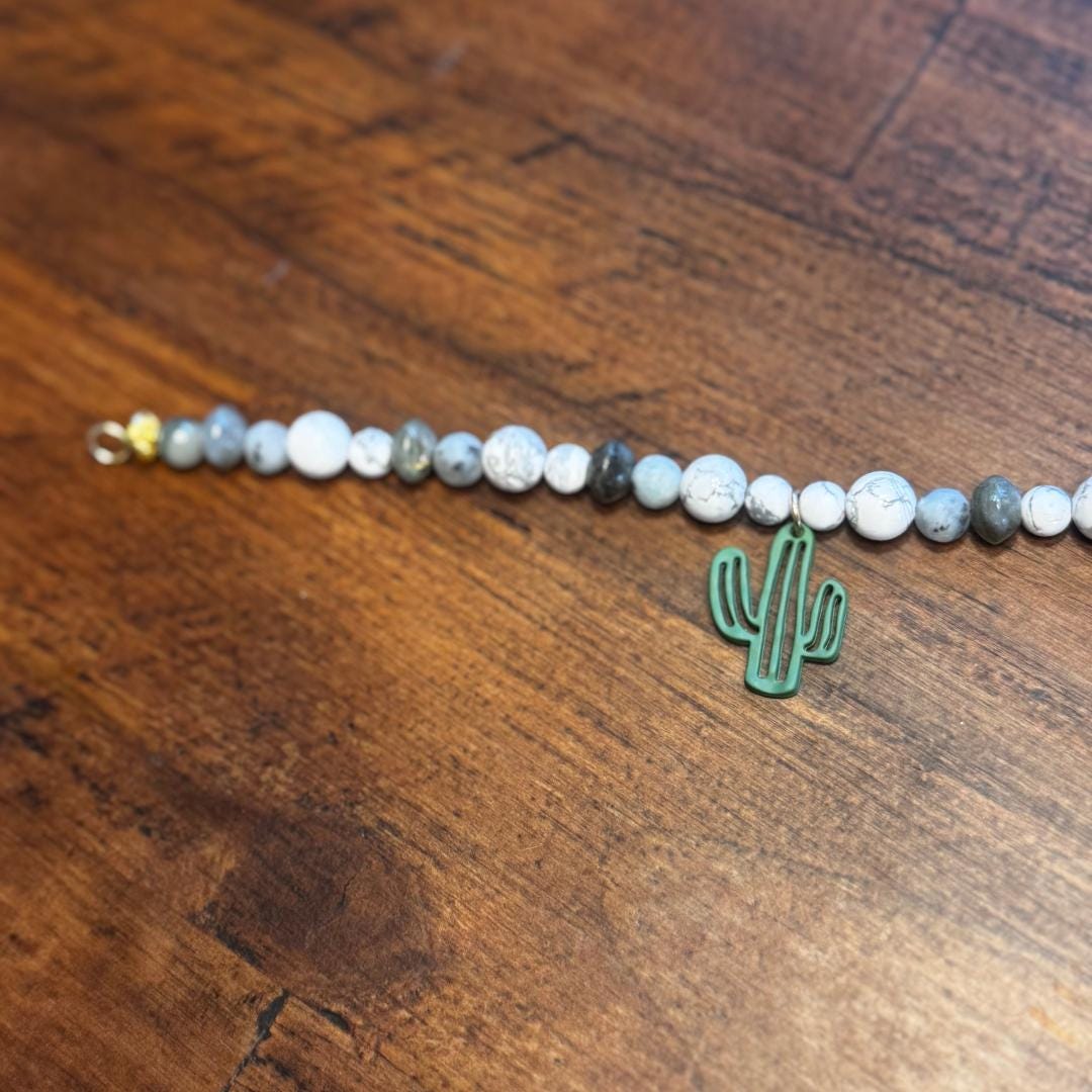 Howlite, Kiwi Jasper, Labradorite & Seaweed Quartz Beaded Gemstone Bracelet with Cactus Charm