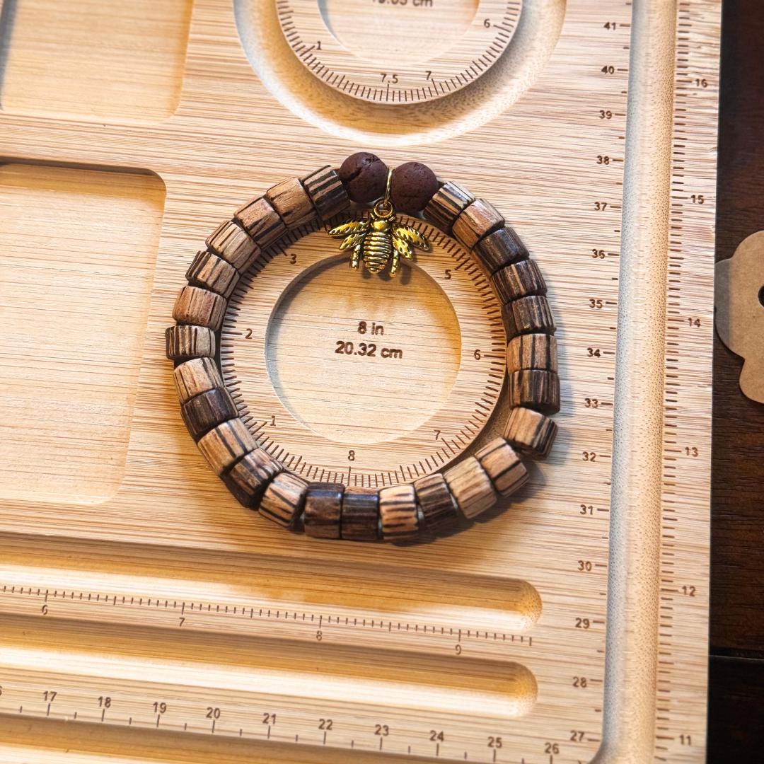 Lava Rock Bee Charm Beaded Gemstone + Patikan Wood Bracelet