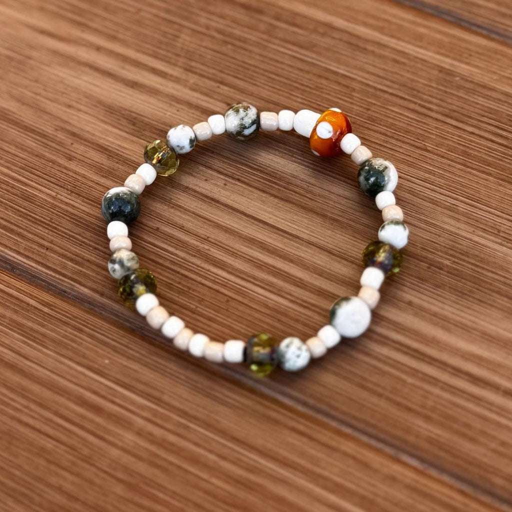 Mushroom Charm Tree Agate Beaded Gemstone Bracelet | 6.75 in.