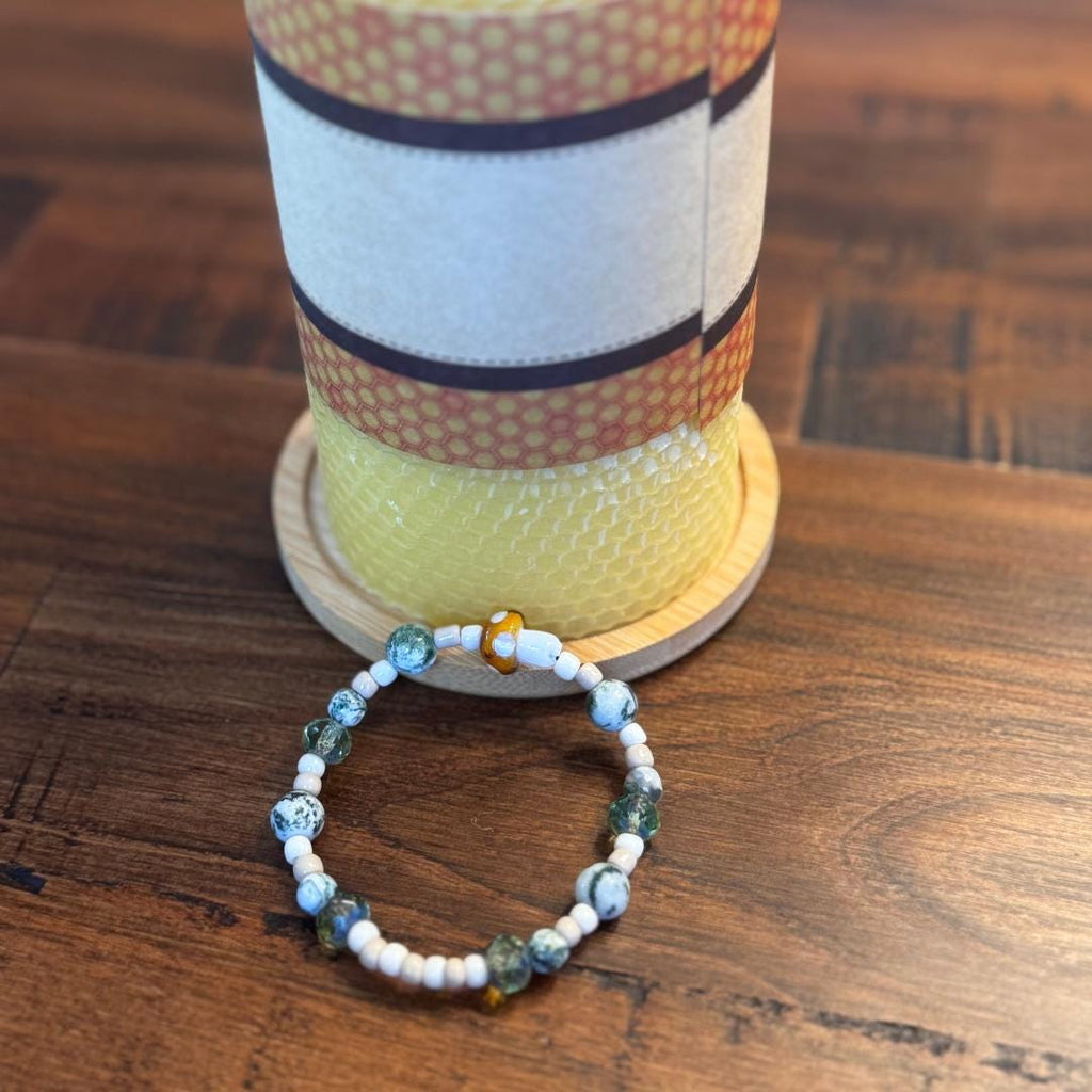 Mushroom Charm Tree Agate Beaded Gemstone Bracelet | 6.75 in.