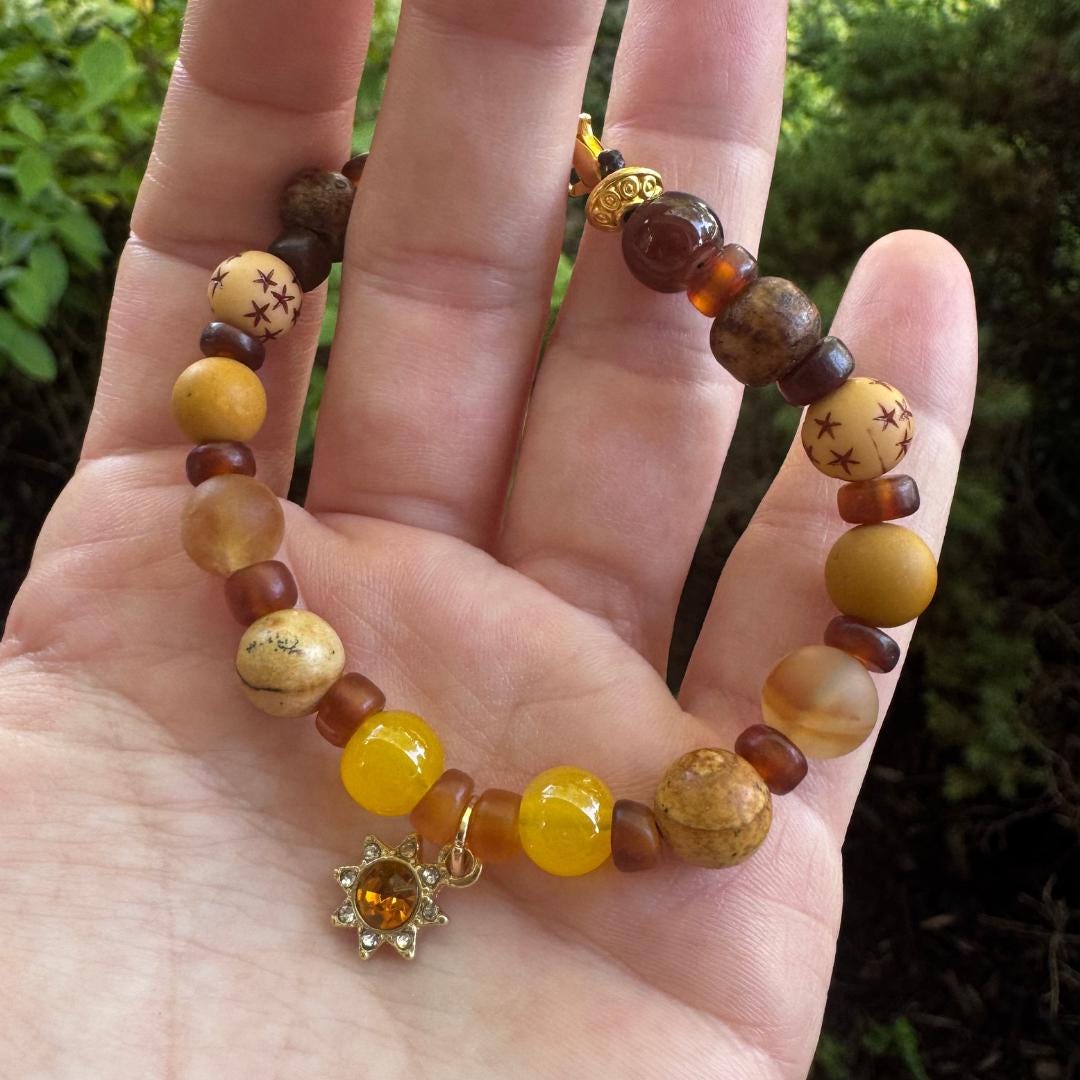 Citrine, Picture Jasper & Australian Mookaite Beaded Gemstone Bracelet with Sun Charm