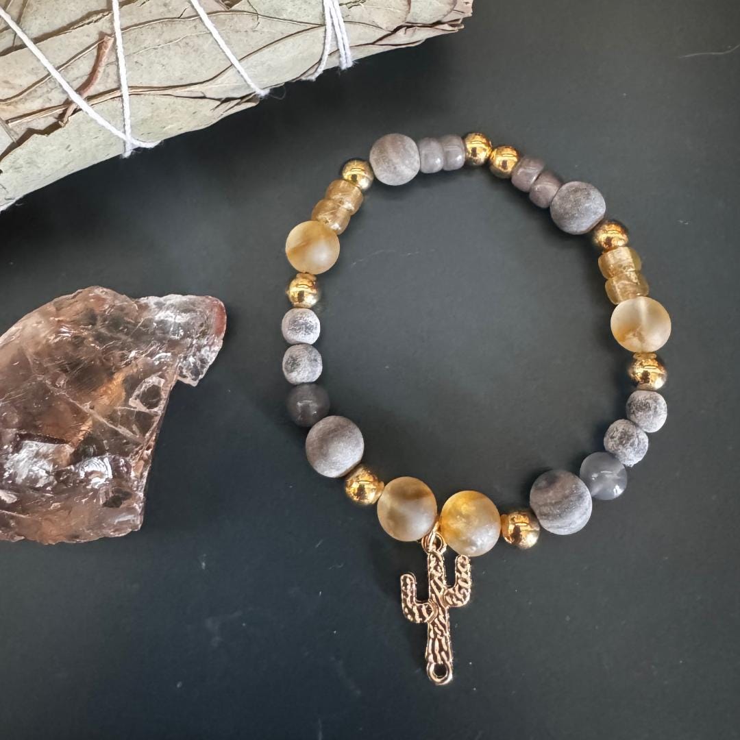 Citrine, Cappuccino Jasper & Cloudy Quartz Beaded Gemstone Bracelet with Cactus Charm