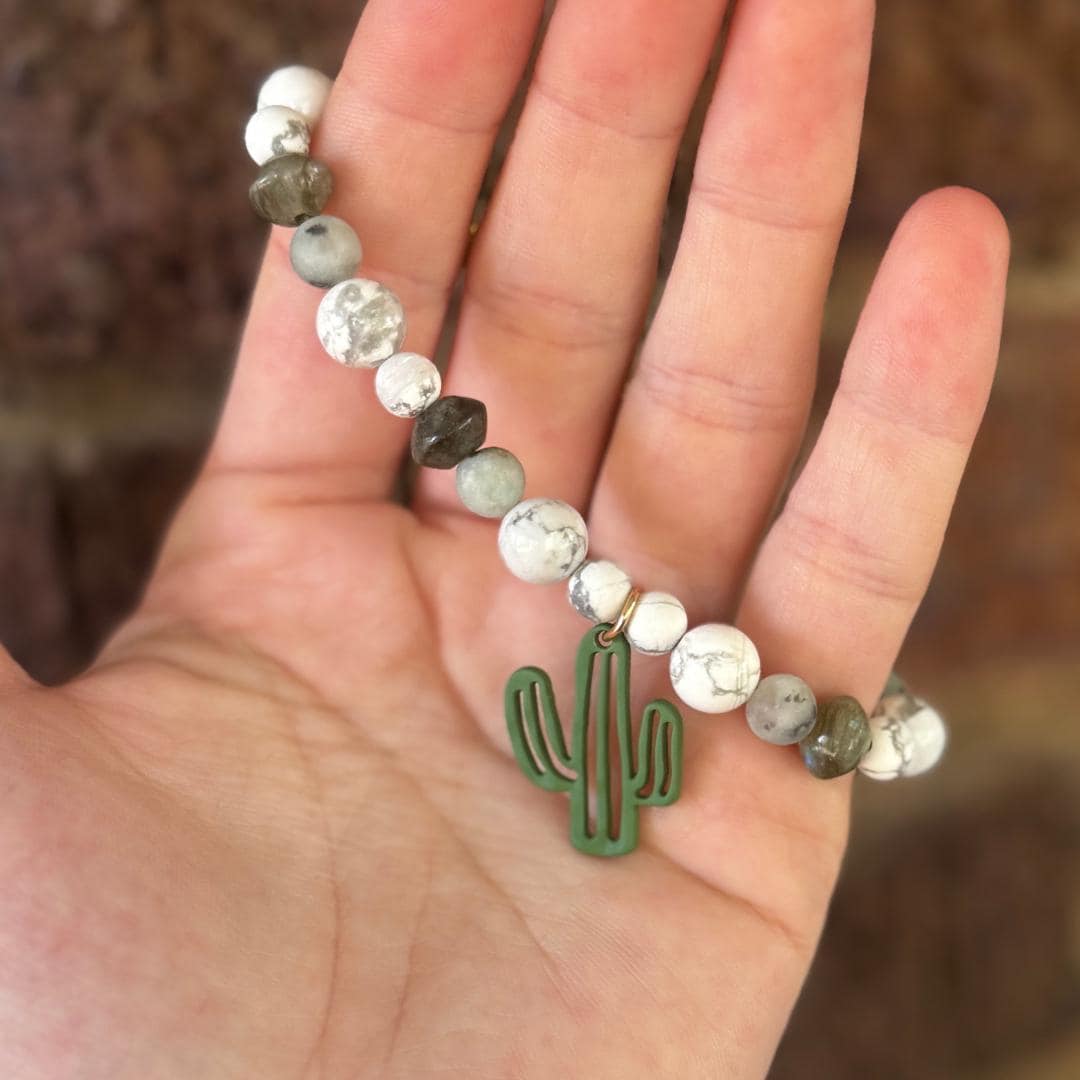 Howlite, Kiwi Jasper, Labradorite & Seaweed Quartz Beaded Gemstone Bracelet with Cactus Charm