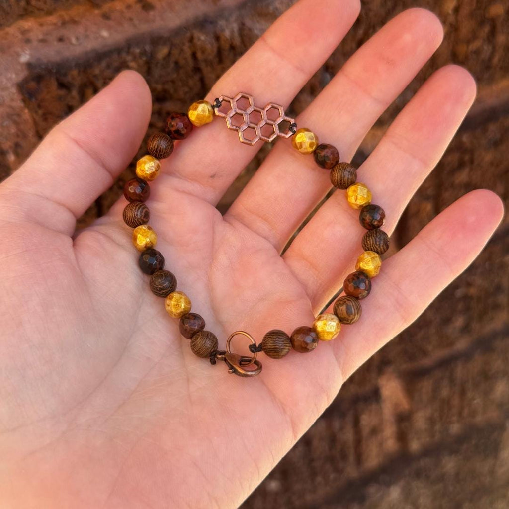 Jasper Beaded Gemstone Bracelet with Honeycomb Charm
